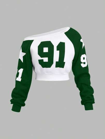 StreetHx Sudadera de manga larga con cuello asimétrico de estilo universitario en color contrastante verde, ideal para graduación, maestros y regreso a clases en otoño