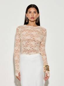 AiiRZ Sheer Lace Fitted Round Neck Thumb Hole Top Black - Baby Pink - View 3