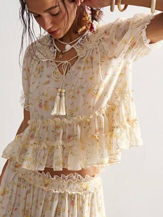 Bohemela 波西米亚休闲度假风格梭织印花V领短袖宽松女式衬衫