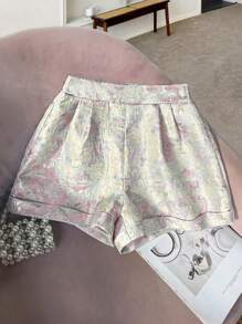 SHEIN Clasi Franclia法式女装扎染印花立体提花布高腰A字阔腿休闲短裤轻薄高端夏季女装优雅适合日常通勤、音乐节、度假穿着 - 粉色 - 查看 3