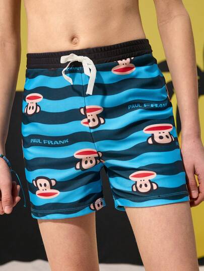 Paul Frank X SHEIN Bañador con bloques de color, rayas y estampado de dibujos animados para niño preadolescente