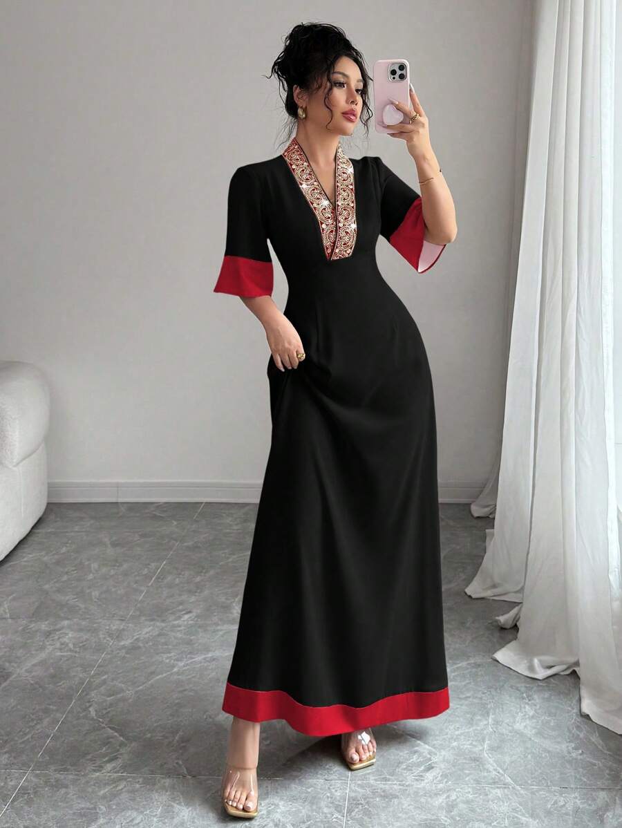 Rafferiza Elegant Floral Embroidered Waist Pleated Skirt Dress, A-Line Silhouette, Ruched Waist Design, V-Neck, Color-Block - Multicolor - View 1