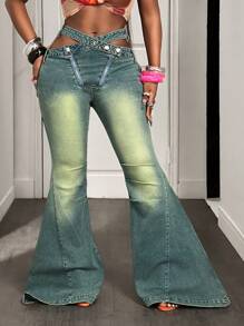 BamGleam Women's Cutout Flared Casual Waist Bag Denim Jeans - Blue - View 5