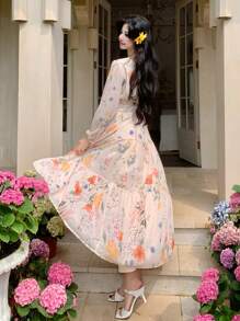 DAZY Vestido de manga farol con cuello en V y estampado floral diminuto, estilo resort, vestido de manga larga para otoño