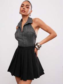 Hauture Women's Contrast Color Pleated Hem Stripe Halter Mini Dress - Grey - View 1