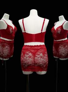 SHEIN 5pcs/Set Plus Size Soft Elastic Lace Trim Underwire Lingerie Set - Burgundy - View 4