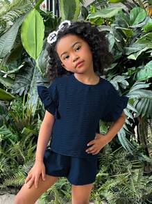 SHEIN Young Girl Vacation Casual Solid Color Round Neck Knit Top And Shorts Set, Spring/Summer