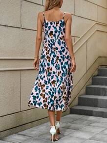 SHEIN LUNE 女式夏季豹纹侧开衩休闲吊带连衣裙长款女装 - 粉色 - 查看 2