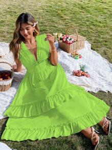 Franclia Plus Size Women Elegant Solid Color Ruffle Hem Tie Strap Dress
