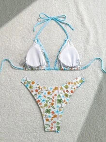Swim Mod 女士满版印花荷叶边吊带文胸和三角裤，适合夏季、海滩和度假 - 紅色 - 查看 2