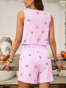 SHEIN VCAY 2 món/Bộ trang phục không tay in nơ sọc giản dị mùa hè cho nữ và quần short - Hồng - Xem 2