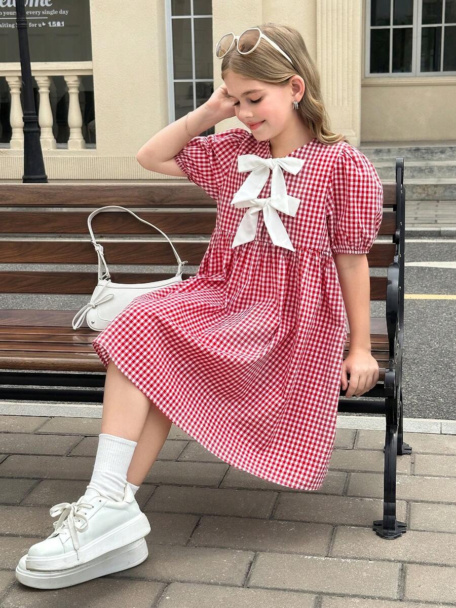 SHEIN 青少年女孩休闲红色格子蝴蝶结装饰泡泡袖宽松A字形梭织连衣裙 - 紅白色 - 查看 1