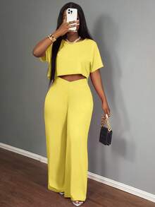 Slaydiva Bộ đồ hai mảnh vải dệt kim màu đỏ hồng cho nữ - Bộ đồ hai mảnh màu vàng cho bữa sáng muộn Bộ đồ hai mảnh cao - Màu vàng - Xem 5