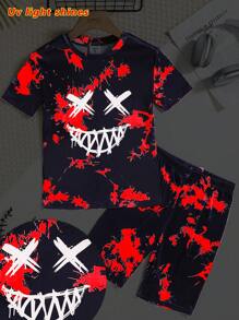 SHEIN 2pcs Tween Boy Cartoon Print Crew Neck Short Sleeve T-Shirt And Shorts Soft Comfortable Loungewear Sleepwear Set