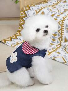 PETSIN Navy Blue Cute Rabbit Pattern Pet Dress With Plaid Collar, Simple & Casual Design, Lightweight & Breathable, Suitable For Cats & Dogs, Popular In Europe & America, Spring/Summer - Navy Blue - View 7