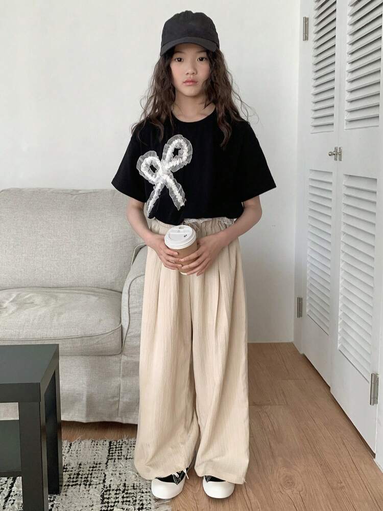Tween Girl Casual Round Neck Bow Decor Short Sleeve T-Shirt, Summer, Back To School Clothes