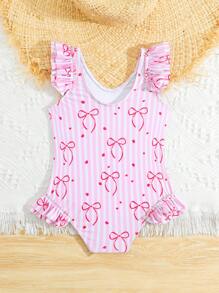 Baby Girl Striped Bow Print Ruffled Romper Swimsuit - Multicolor - View 2