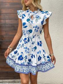 EMERY ROSE Vestido corto con manga de casquillo, estampado floral, acabado de volantes y cierre delantero de lazo, estilo vacacional