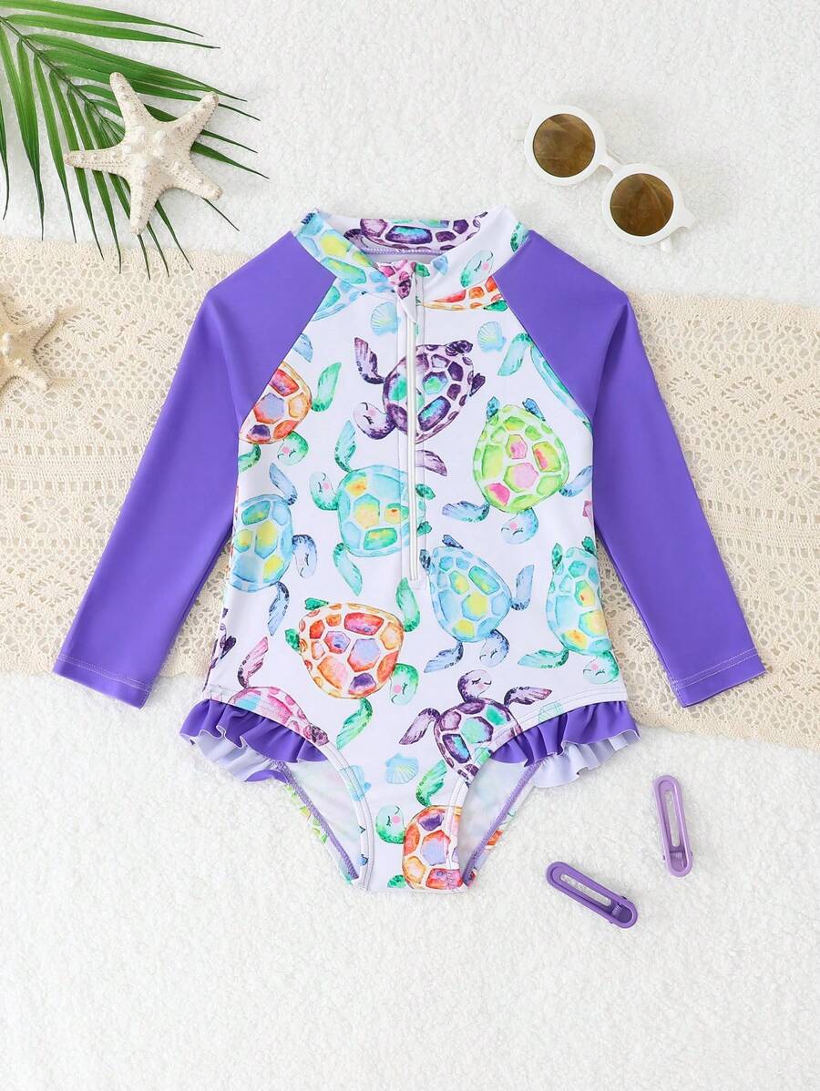 SHEIN Toddler Girl Island Palm Tree Print Long Sleeve Zip-Up One-Piece Swimsuit, Cute Ruffle Raglan Sleeve Sun Protection Swimwear - Multicolor - View 1
