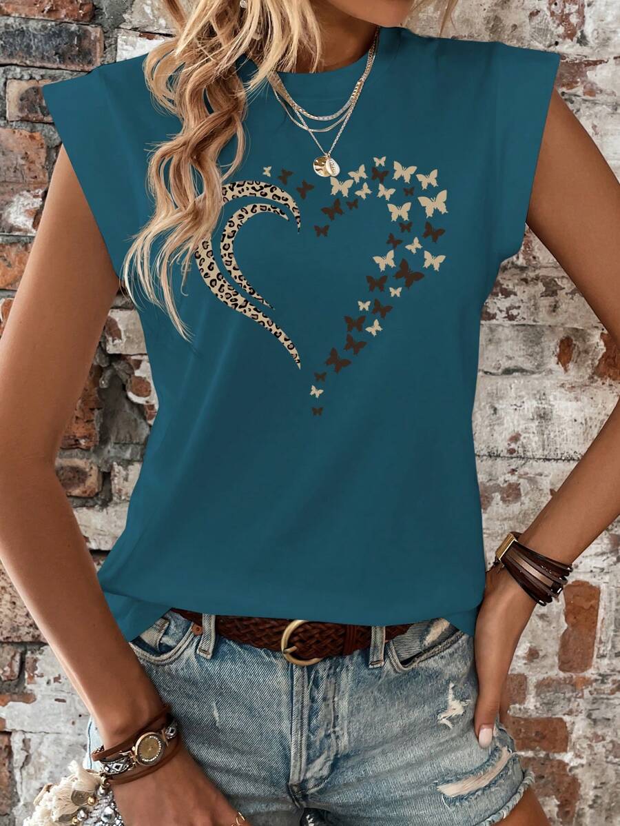 INAWLY Camiseta casual y relajada de mujer con estampado de corazón y mangas cortas tipo gorro - Agua verde azul - Ver 1