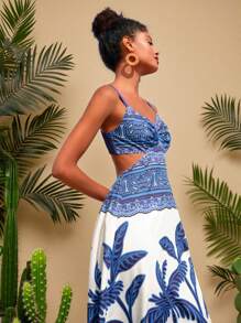 Travachic Women's Boho Maxi Dress: Blue And White Floral Print, Spaghetti Strap, Sleeveless, Flared Hem, Woven Fabric, Wrap Detail Long Dress