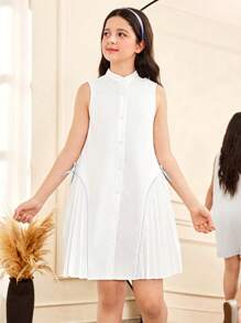 SHEIN White Tween Girl Casual Elegant Commuting Pleated Patchwork Skirt Shirt-Style Peter Pan Collar Button Front Dress With Contrast Trim & Bow Decor - White - View 6