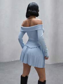 SHEIN Cottnline Two-Piece Ribbed Knit Sweater Set With Off-Shoulder Long-Sleeve Top And Pleated Mini Skirt - Baby Blue - View 4