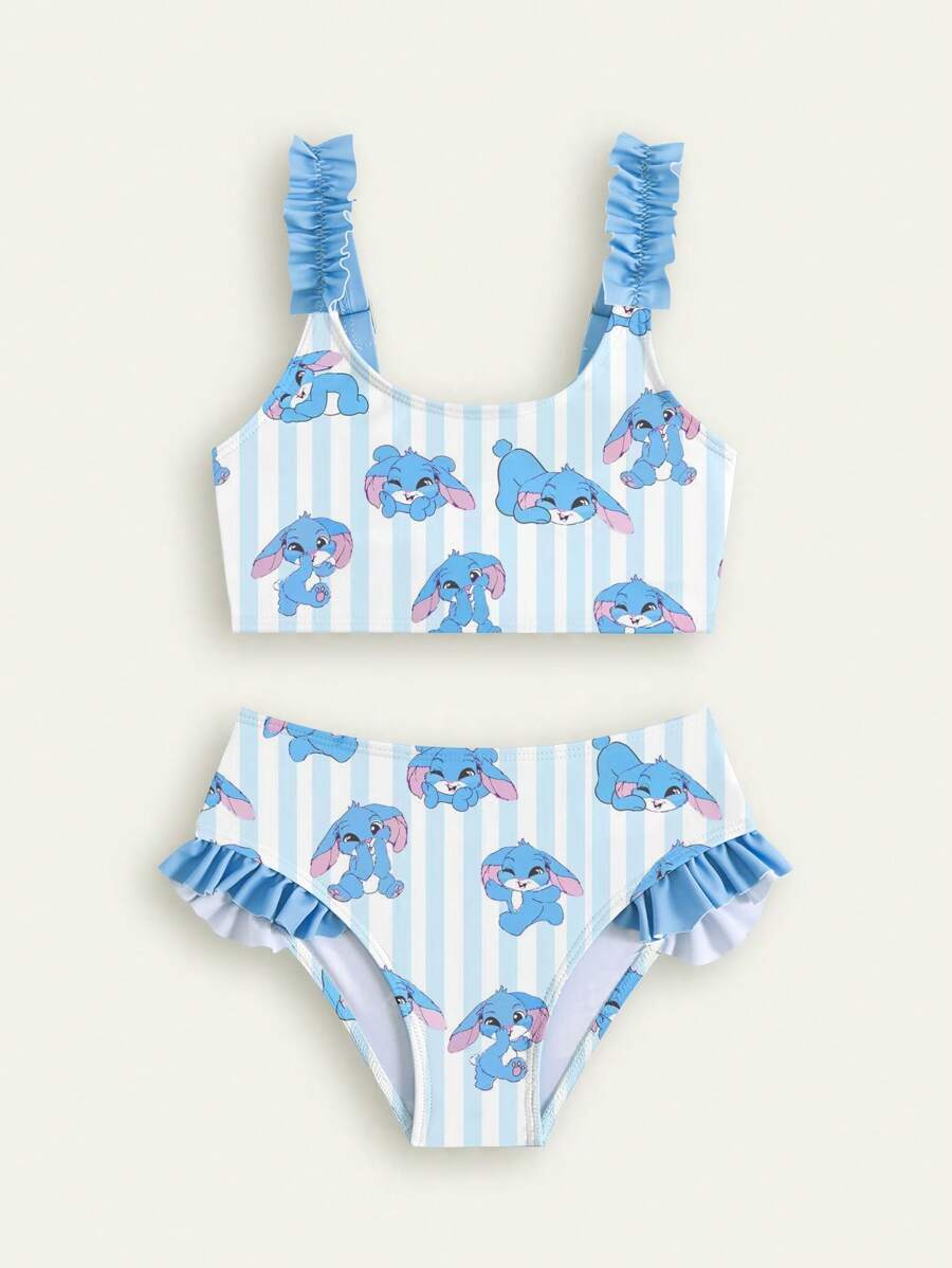 SHEIN GraphicGems Set di bikini per ragazze giovani con stampa a righe e cartoni animati