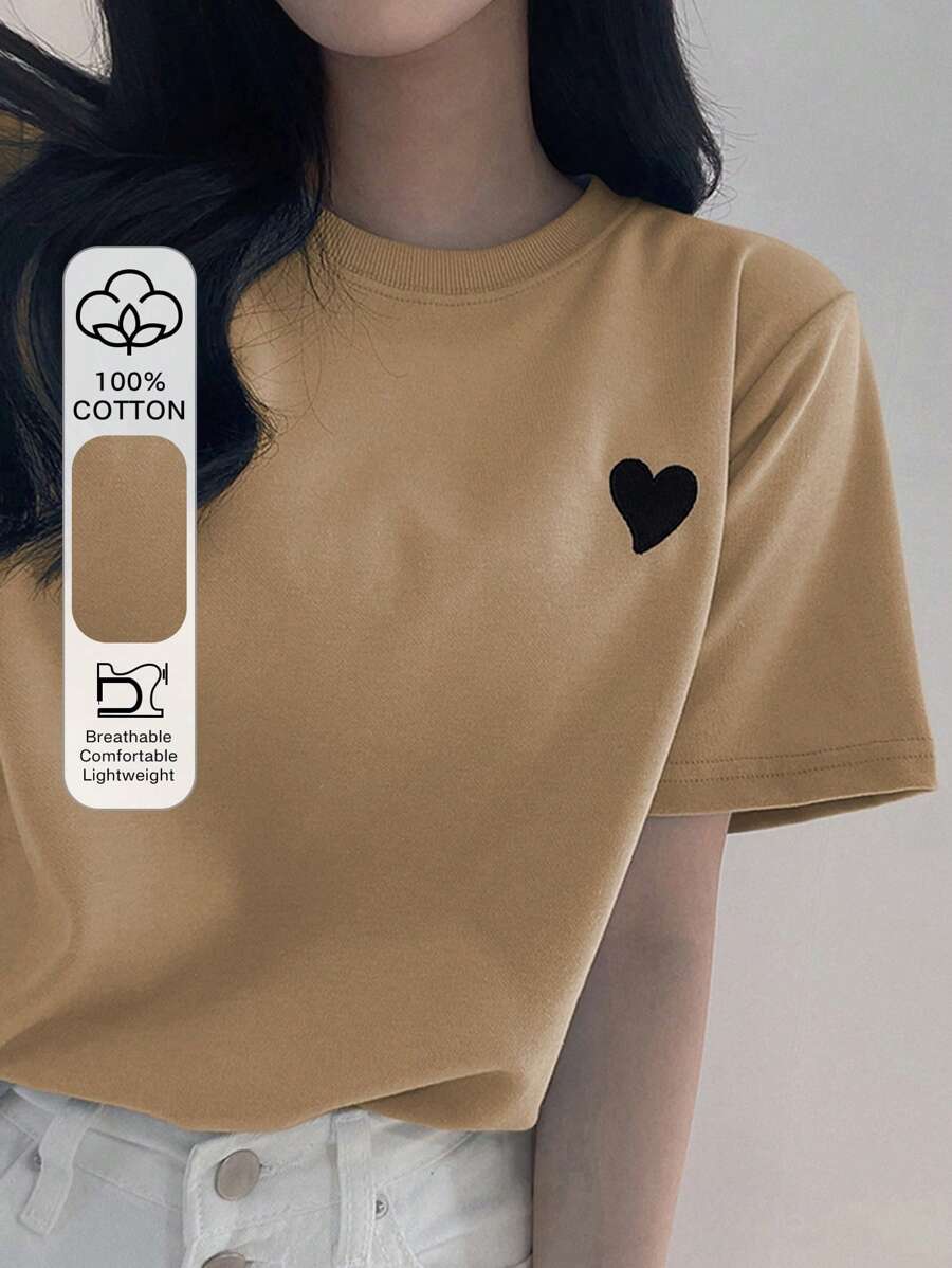 DAZY Women's Round Neck Embroidered Contrast Color Heart Graphic T-Shirt, Minimalist Design Cute Tops - Khaki - View 1