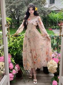 DAZY Vestido de manga farol con cuello en V y estampado floral diminuto, estilo resort, vestido de manga larga para otoño