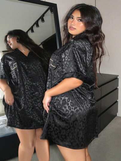 Dazy Plus Leopard Print Lapel Collar Straight Short Robe, Home Sleepwear