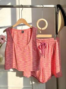 Comfortcana 2pcs Plus Size Women Vibrant Textured Fabric Cami And Shorts Set - Hot Pink - View 1