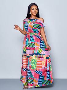 SOLERSUN Plus Size Spring And Summer Fashion Elegant Commuting Casual Slanted Shoulders Short Sleeves Large Skirt Waist Art Street Seaside Vacation Date Travel Female Model - Multicolor - View 2