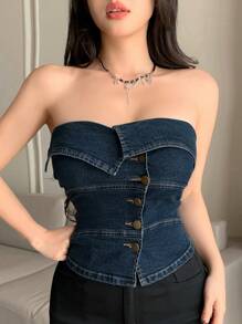 DAZY Women's Sexy Slim Fit Asymmetrical Button Front One Shoulder Denim Blouse, Summer