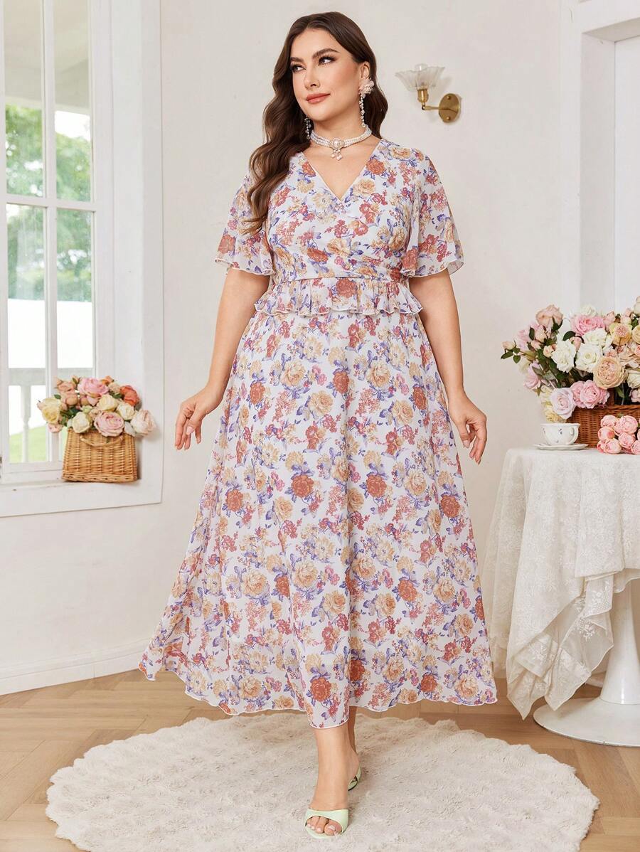 Modelyn Plus Size Women Chiffon Floral Print Ruffle Hem Dress - Multicolor - View 1