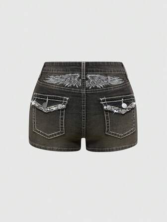 Grunge Punk Pantalones cortos de cintura baja con alas bordadas y decoración de cristal, estilo Y2K para mujeres