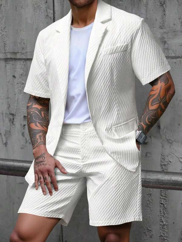 Manfinity Bizformal Herren Anzug-Set aus einfarbiger Jacke mit Kurzarm und Shorts mit Tasche, Freizeitanzug in Weiß, Sommer-Outfit für Männer, Zweiteiler