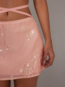 SHEIN Unity Chinese Style Sexy Sheer Embroidered A-Line Green Mini Skirt For Women - Pink - View 6