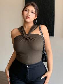 Dazy Plus 1pc Women Plus Size Solid Color Cut Short Halter Neck Fitted Tank Top Women Summer Clothing