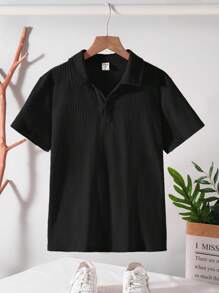 Tween Boy Casual Korean Style Simple Textured Fabric Polo Collar Short Sleeve T-Shirt, Suitable For Commuting, School, Daily Leisure, Sports, Spring/Summer - Black - View 2