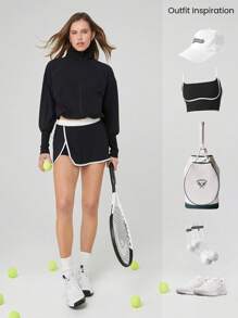 GLOWMODE 4.5英寸 VitalSwift 吸汗速干撞色缝线侧开衩裙，内置短裤侧袋，日常休闲网球运动 - 黑與白 - 查看 7