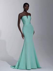 Elitara Luxurious Rhinestone V-Neck Sweetheart Ruched Elastic Knit Open Back Mermaid Tail Dress,Elegant Formal Gown For Weddings,Parties,Galas & Graduations - Lime Green - View 5