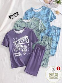 青少年男孩六件套睡衣套装，带数字游戏印花、短袖上衣和紧身裤，时尚酷炫的睡衣 - 彩色 - 查看 3