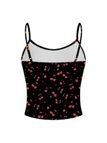Luiza Werlang Women's Slim Fit Cherry Pattern Camisole Top, Suitable For Vacation In Summer - Red and Black - View 2