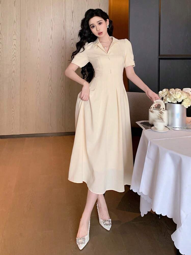 Summer Sexy Fitted Elegant Lapel Pleated Solid Color Graceful Short Sleeve Women's Mid-Length Dress