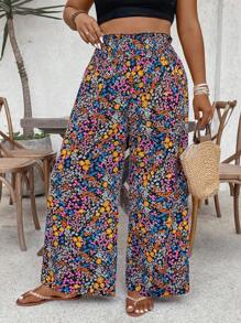 SHEIN VCAY Pantalones informales de pierna ancha con estampado floral pequeño, en talla grande, apropiados para vacaciones