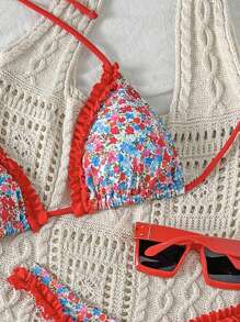 Swim Mod Women's Printed Frill Trim Bikini Swimsuit For Summer Beach Vacation - Red - View 4