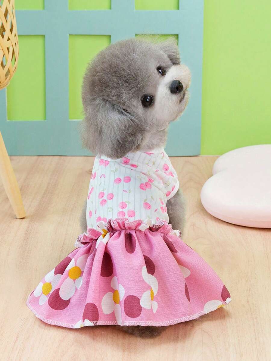 PETSIN Pink Elegant Bow Decor Fruit Cherry Print Lightweight & Breathable Pleated Skirt For Pets, Suitable For Spring/Summer Outdoor, Europe & US Popular - Pink - View 1