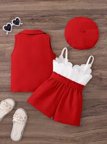 SHEIN 2pcs/Set Baby Girl Solid Color Knit Cardigan And Knit Jumpsuit Set With Hat - Red - View 3