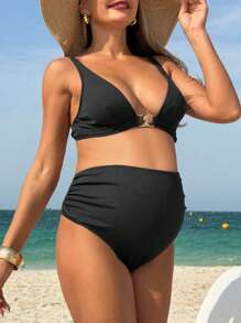 SHEIN Elegant Ripped Texture Maternity Swimsuit Bikini For Summer Beach Vacation - Black - View 3